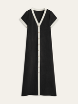 Leinen-Mix Maxikleid mit hohem Schlitz & Kontrastbesatz – Sommerstil – Schwarz