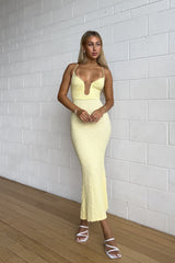 Damen Texturiert Tiefer V-Ausschnitt Midi Gelbe Kleid – Gelb