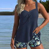 Olina | Gestreifter Tankini mit passenden 2-teiligen Badeshorts – Marineblau