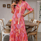 Aniy – Sommerkleid mit Blumenmuster und V-Ausschnitt – Rot