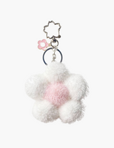 Taschenanhänger – Blumenanhänger mit Flauschkugel – Weiß/Rosa