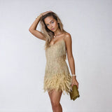 Festliches Federn-Minikleid mit Glitzer & Taillengürtel – Partykleid – Gold