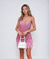 Festliches Federn-Minikleid mit Glitzer & Taillengürtel – Partykleid – Rosa
