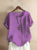 Cotton Loose Kurzärmeliges Leinen-Top – Lila