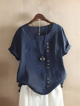 Cotton Loose Kurzärmeliges Leinen-Top – Marineblau
