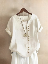 Cotton Loose Kurzärmeliges Leinen-Top – Weiß
