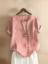 Cotton Loose Kurzärmeliges Leinen-Top – Rosa