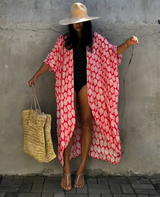 Palm Isle - Verführerischer Strand-Kimono – Blätter - Rot