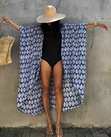Palm Isle - Verführerischer Strand-Kimono – Blätter - Königsblau