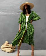 Palm Isle - Verführerischer Strand-Kimono – Leopard - Grün