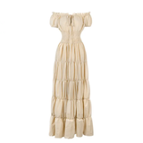 Margaret - Damen Maxikleid mit schulterfreiem Design und gestuftem Rock mit gerafftem Bund – Beige