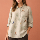 Blumenmuster Bluse mit langen Ärmeln und Kragen für Damen | Viona – Beige