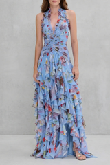 Belladina Verzauberndes Rosen-Kaskaden-Halter-Maxikleid – Blau