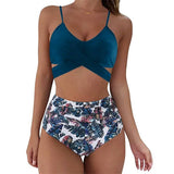Bella | Hochtaillierter, farbenfroher Damen-Bikini – Blau - geblümt