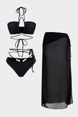 Meredith | Dreiteiliges Bikini-Set mit Wickelband-Design, Perlen-Details und transparentem Pareo – Schwarz