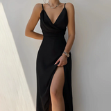 Vivian | V-neck Suspender slit dress – Schwarz