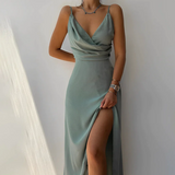Vivian | V-neck Suspender slit dress – Mintgrün