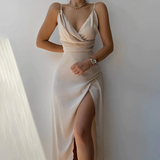 Vivian | V-neck Suspender slit dress – Beige