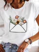 Leonora | Damen Herz Print T-Shirt Rundhals Kurzarm – Weiß 4