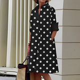 Masha - Fashion Langarm Kragen Midikleid – Schwarz polka