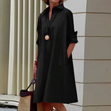 Masha - Fashion Langarm Kragen Midikleid – Schwarz