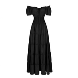 Margaret - Damen Maxikleid mit schulterfreiem Design und gestuftem Rock mit gerafftem Bund – Schwarz