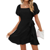 Donna - Kleid mit quadratischem Ausschnitt, Puffärmeln und Gürtel in A-Linie – Schwarz