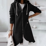 Langer Damen Hoodie mit Reißverschluss & Kapuze – Figurschmeichelnd – Schwarz