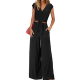 Michelle - V-Ausschnitt Crop Top mit Knoten vorne und weit geschnittene Hose Set – Schwarz
