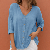 V-Ausschnitt Damen T-Shirt mit Knopfverschluss und Dreiviertelärmeln | Ylena – Blau