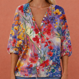 Bedruckte Bluse mit V-Ausschnitt und Knopfverschluss für Damen | Mireya – Blau