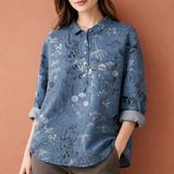 Blumenmuster Bluse mit langen Ärmeln und Kragen für Damen | Viona – Blau