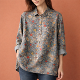 Blumenmuster Bluse mit langen Ärmeln und Kragen für Damen | Viona – Blau-Grau