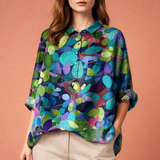 Blumenmuster Bluse mit langen Ärmeln und Kragen für Damen | Viona – Blaugrün