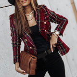 Sela – eleganter, karierter blazer mit knopfverschluss und taschen für damen – Weinrot