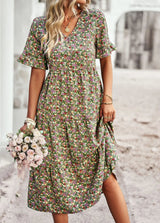 Veloura – Vintage-Kleid mit V-Ausschnitt und Blumenmuster – Grün