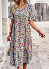 Veloura – Vintage-Kleid mit V-Ausschnitt und Blumenmuster – Hellblau