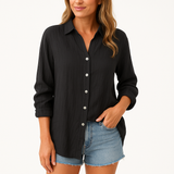 Bluse Damen – Lockeres Oversize-Modell – Knopfverschluss – Leinen – Schwarz