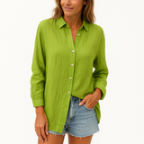 Bluse Damen – Lockeres Oversize-Modell – Knopfverschluss – Leinen – Grün