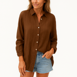 Bluse Damen – Lockeres Oversize-Modell – Knopfverschluss – Leinen – Braun