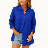 Bluse Damen – Lockeres Oversize-Modell – Knopfverschluss – Leinen – Blau