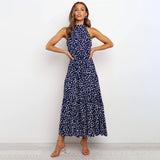 Paula - Elegantes Tupfenkleid mit Neckholder-Ausschnitt – Blau