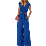 Michelle - V-Ausschnitt Crop Top mit Knoten vorne und weit geschnittene Hose Set – Blau
