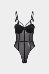 Daisy | Spaghettiträgern Schwarz Verführerischer Mesh-Body mit Bügel-Cups – Schwarz
