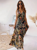 Kresaline – Maxikleid mit V-Ausschnitt und tropischem Print – Schwarz