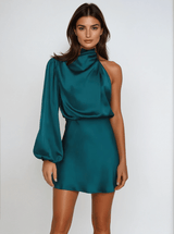 Elegantes One-Shoulder Satinkleid Damen - Abendkleid & Cocktailkleid – Königsblau