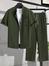 Herren Resort-Set mit Palmen-Stickerei | Hemd & Lange Hose – Armeegrün