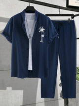 Herren Resort-Set mit Palmen-Stickerei | Hemd & Lange Hose – Königsblau