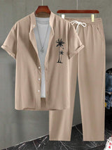 Herren Resort-Set mit Palmen-Stickerei | Hemd & Lange Hose – Aprikose