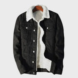 Herren Jeansjacke mit Knopfverschluss und Fleecefutter – Schwarz